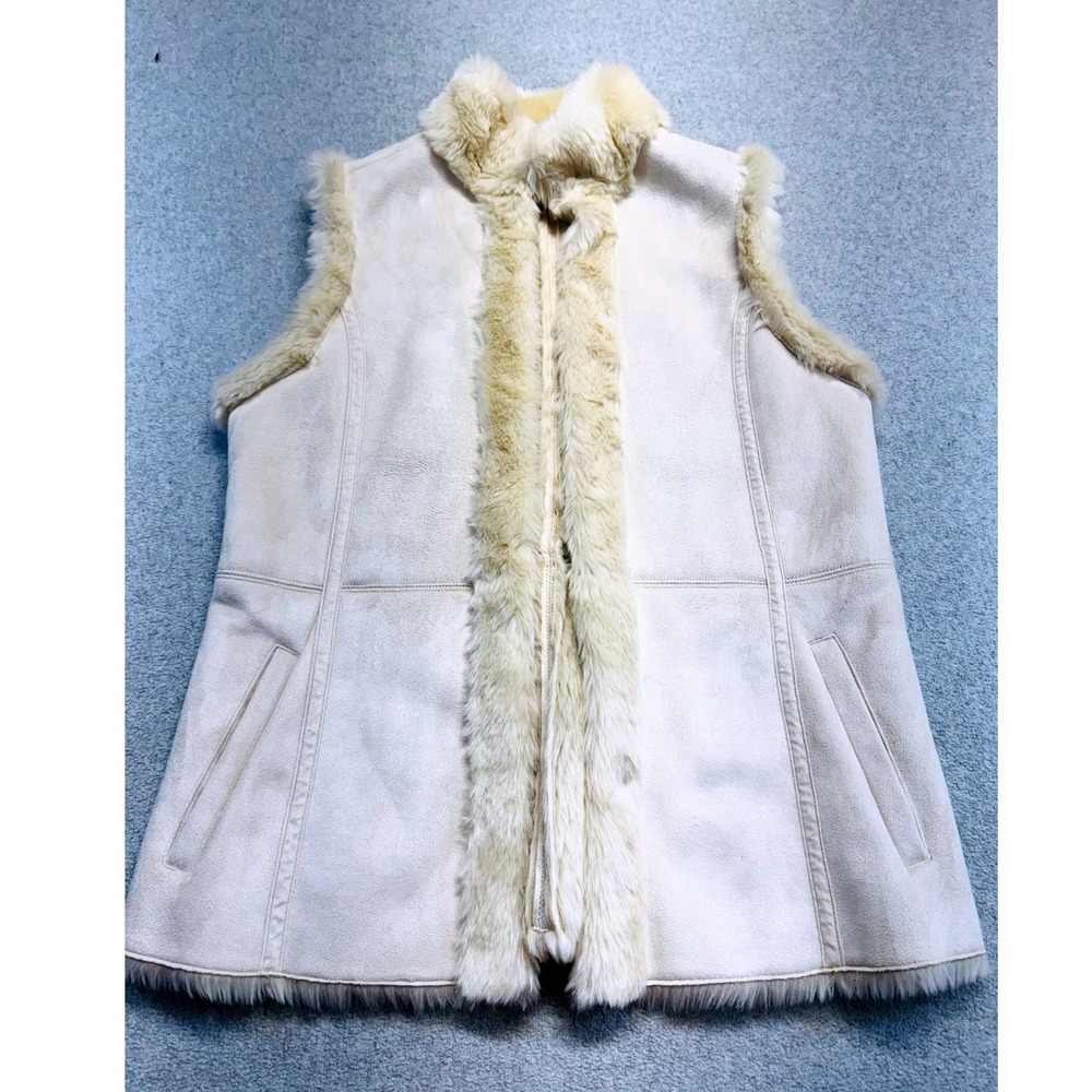 Tweeds Womens L Cream Faux Suede Faux Fur Shearling Lined Vest Boho Western Cozy